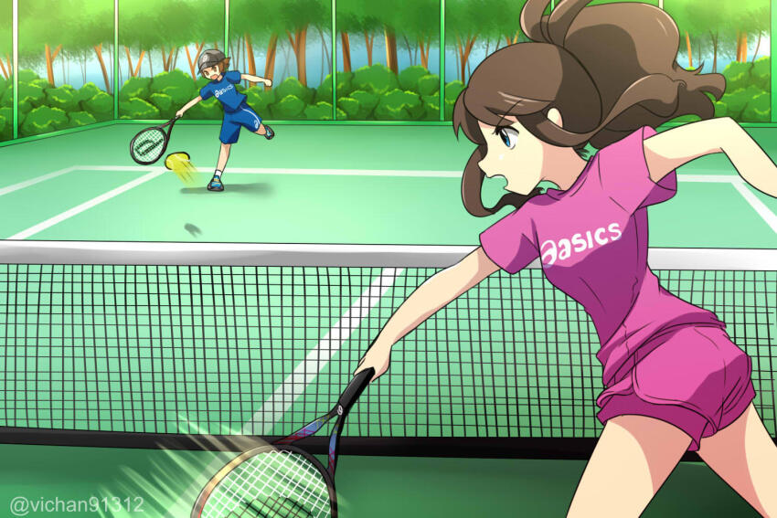 1boy 1girl antenna_hair ball baseball_cap blue_eyes blue_shirt brown_hair commission hat hilbert_(pokemon) hilda_(pokemon) holding_tennis_racket motion_lines nintendo outdoors pink_shirt pink_shorts pokemon pokemon_bw shirt shorts shorts_under_shorts tennis tennis_ball tennis_court twitter_username wia_vi