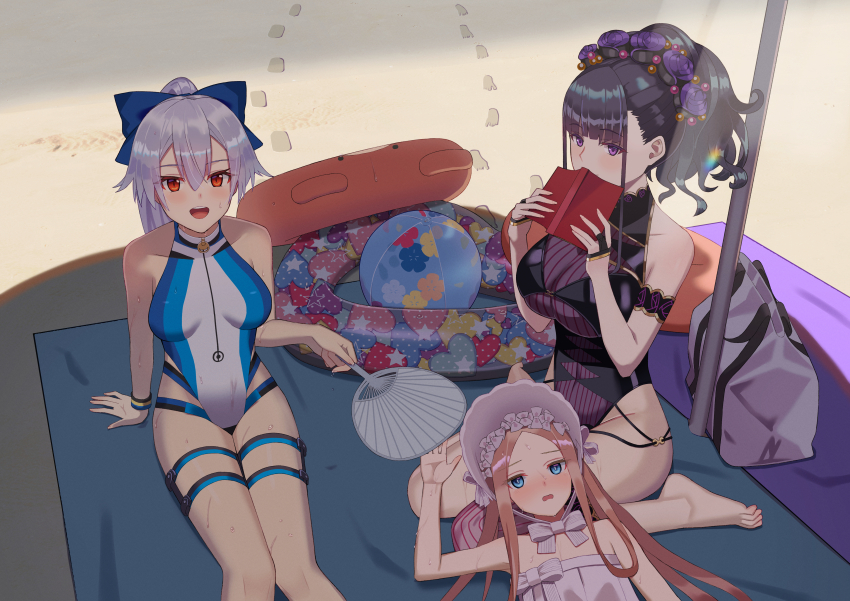 3girls abigail_williams_(fate) abigail_williams_(swimsuit_foreigner)_(fate) abigail_williams_(swimsuit_foreigner)_(third_ascension)_(fate) absurdres armlet ball bare_shoulders beach beachball bikini black_gloves black_one-piece_swimsuit blonde_hair blue_bow blue_eyes blue_one-piece_swimsuit blush bonnet book bow breasts commentary_request fate/grand_order fate_(series) fingerless_gloves flower forehead gloves gold_trim hair_between_eyes hair_bow hair_flower hair_ornament hair_up half_gloves hat highleg highleg_one-piece_swimsuit highres innertube jewelry large_breasts long_hair looking_at_viewer lying motukan multiple_girls murasaki_shikibu_(fate) murasaki_shikibu_(swimsuit_rider)_(fate) murasaki_shikibu_(swimsuit_rider)_(first_ascension)_(fate) one-piece_swimsuit open_mouth parted_bangs ponytail purple_eyes purple_hair red_eyes sidelocks sitting small_breasts smile swim_ring swimsuit thigh_strap thighs tomoe_gozen_(fate) tomoe_gozen_(swimsuit_saber)_(fate) tomoe_gozen_(swimsuit_saber)_(first_ascension)_(fate) twintails two-tone_swimsuit very_long_hair white_bikini white_bow white_hair white_hat white_one-piece_swimsuit