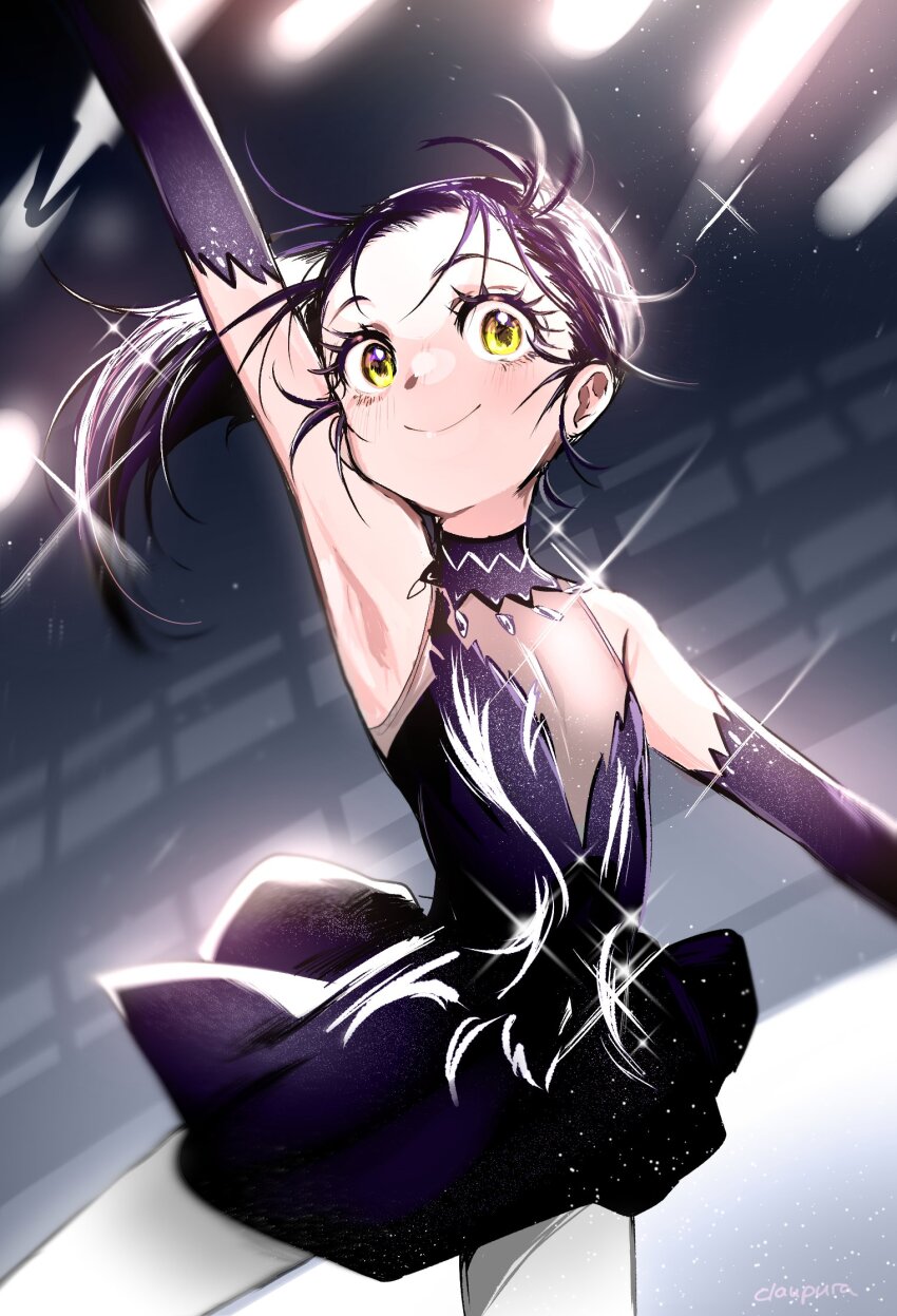 1girl arm_up armpits black_dress black_gloves black_hair blush dress elbow_gloves figure_skating figure_skating_dress gloves hashtag-only_commentary highres kamisaki_hikaru medalist_(manga) norishiitsu pantyhose skating_rink smile solo twitter_username white_pantyhose yellow_eyes