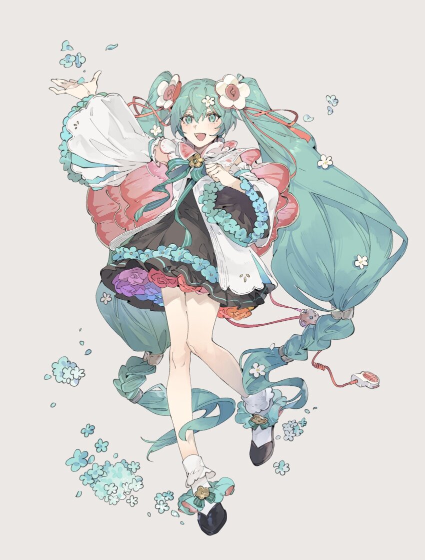 1girl aqua_eyes aqua_hair arm_up black_footwear blue_hair braid brooch clenched_hand detached_sleeves dress falling_flower flats flower flower_brooch flower_trim flower_underskirt frilled_socks frills full_body hair_between_eyes hair_flower hair_ornament hatsune_miku highres long_hair looking_at_viewer low_twin_braids magical_mirai_(vocaloid) magical_mirai_miku magical_mirai_miku_(2021) open_mouth ribbon simple_background skirt smile socks solo standing standing_on_one_leg twin_braids twintails very_long_hair vocaloid white_background white_flower white_socks wide_sleeves xing_20