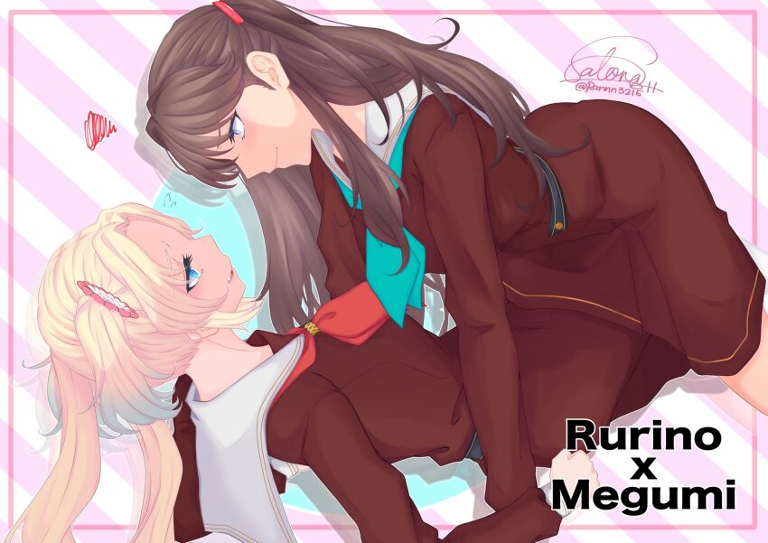 2girls aqua_neckerchief arm_support blonde_hair blue_eyes blue_hair brown_dress brown_hair character_name closed_mouth diagonal-striped_background dress drop_shadow eye_contact flower fujishima_megumi gradient_hair hair_flower hair_ornament hasu_no_sora_school_uniform highres link!_like!_love_live! long_hair long_sleeves looking_at_another love_live! medium_dress mira-cra_park! multicolored_hair multiple_girls neckerchief open_mouth osawa_rurino pink_background pink_flower pleated_dress profile purple_eyes ranmaro red_neckerchief sailor_collar sailor_dress school_uniform signature squiggle staring striped_background twintails twitter_username two_side_up virtual_youtuber white_sailor_collar winter_uniform yukadon yuri