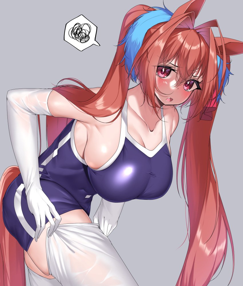 1girl absurdres animal_ears antenna_hair bent_over black_one-piece_swimsuit blue_hair blue_one-piece_swimsuit blush breasts cleavage collarbone commentary_request daiwa_scarlet_(umamusume) elbow_gloves fang from_side gloves grey_background hair_between_eyes hair_intakes highres horse_ears horse_girl horse_tail kshimu large_breasts looking_at_viewer multicolored_hair one-piece_swimsuit open_mouth orange_hair raised_eyebrows red_eyes sideboob simple_background skindentation solo speech_bubble spoken_squiggle squiggle standing swimsuit tail thighhighs twintails two-tone_hair umamusume white_thighhighs