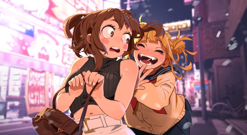 2girls absurdres alternate_costume bag bare_shoulders bicycle black_sailor_collar black_skirt blurry blurry_background blush blush_stickers boku_no_hero_academia breasts brown_cardigan brown_eyes brown_hair cardigan closed_eyes d: fangs happy highres holding holding_bag khyle. large_breasts long_sleeves miniskirt multiple_girls navel open_mouth outdoors pleated_skirt pushing sailor_collar skirt stomach teeth toga_himiko tongue upper_teeth_only uraraka_ochako