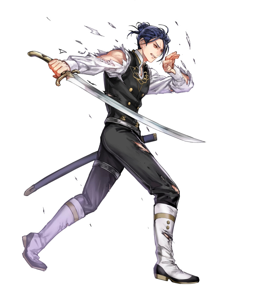 1boy belt black_belt black_vest blue_hair boots felix_hugo_fraldarius fire_emblem fire_emblem:_three_houses fire_emblem_heroes full_body garreg_mach_monastery_uniform hair_bun highres holding holding_sword holding_weapon kuroba.k male_focus nintendo official_art orange_eyes pants scabbard sheath shirt short_hair single_bare_shoulder solo standing sword torn_clothes torn_pants torn_shirt transparent_background vest weapon white_boots white_shirt