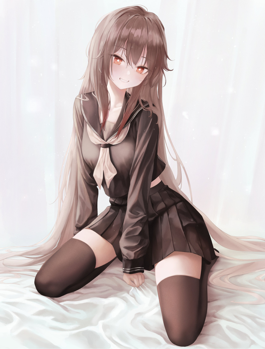 1girl between_legs black_serafuku black_shirt black_skirt black_thighhighs brown_hair genshin_impact grin hair_down highres hu_tao_(genshin_impact) long_hair long_sleeves looking_at_viewer midriff_peek miniskirt neckerchief pleated_skirt rable red_eyes sailor_collar school_uniform seiza serafuku shirt sitting skirt smile solo star-shaped_pupils star_(symbol) symbol-shaped_pupils thighhighs very_long_hair zettai_ryouiki