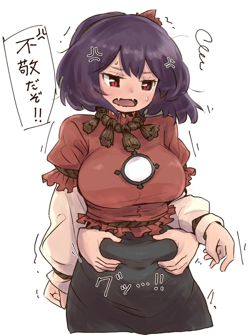 1girl black_skirt breasts covered_navel grabbing_another&#039;s_stomach hair_ornament highres large_breasts leaf leaf_hair_ornament long_skirt long_sleeves maple_leaf maple_leaf_hair_ornament mountain_of_faith navel plump purple_hair rope shimenawa short_hair skirt syu314plus touhou translation_request weight_conscious yasaka_kanako