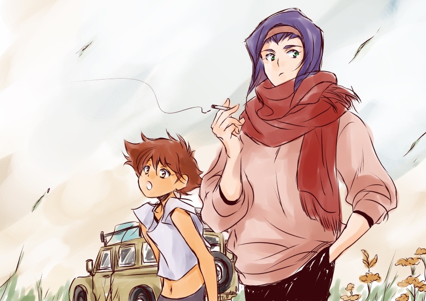 2girls absurdres cowboy_bebop edward_wong_hau_pepelu_tivrusky_iv faye_valentine green_eyes highres multiple_girls purple_hair red_hair red_scarf scarf short_hair tobalin yellow_eyes