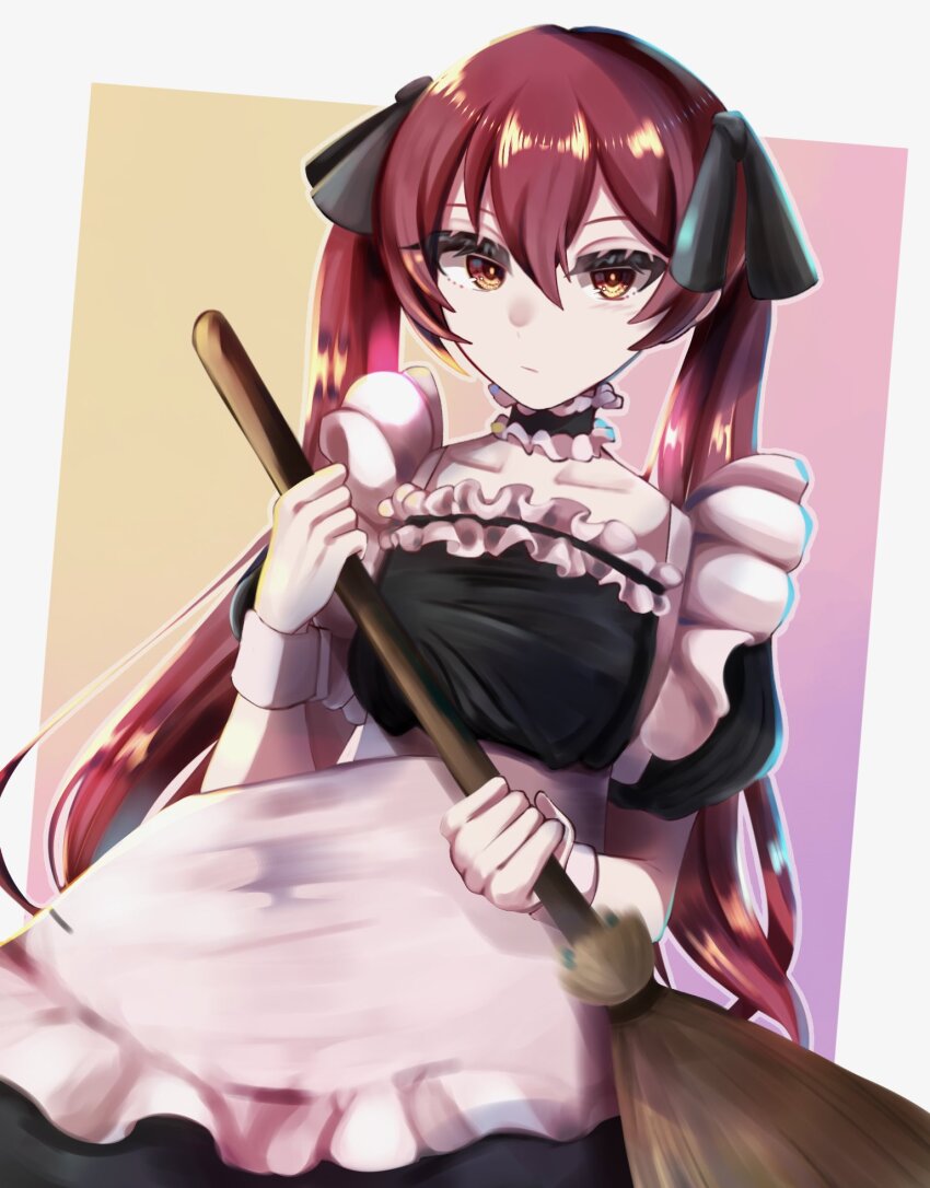1girl alternate_costume apron black_dress black_ribbon broom dqadrz64 dress fire_emblem fire_emblem_fates hair_between_eyes hair_ribbon highres holding holding_broom long_hair looking_at_viewer maid maid_apron nintendo puffy_short_sleeves puffy_sleeves red_eyes red_hair ribbon selena_(fire_emblem_fates) short_sleeves solo twintails very_long_hair white_apron wrist_cuffs