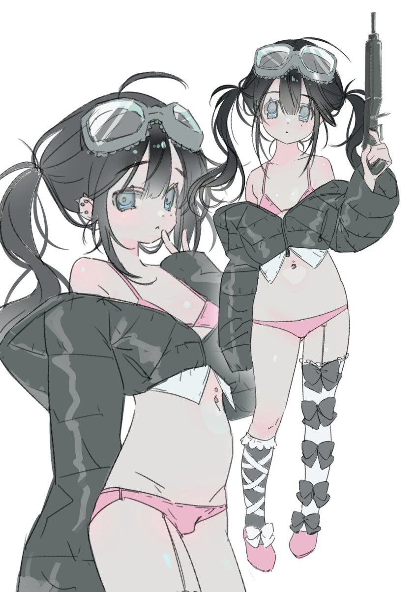 1girl bikini black_hair bow_legwear closed_mouth cropped_jacket down_jacket ear_piercing expressionless flat_chest frilled_socks frills garter_straps goggles goggles_on_head grey_eyes gun highres holding holding_gun holding_weapon iniooooo jacket kneehighs long_hair looking_at_viewer micro_bikini multiple_views navel_piercing off_shoulder original piercing pink_bikini pink_shoes shoes simple_background single_garter_strap single_kneehigh single_sock single_thighhigh socks string_bikini swimsuit thighhighs twintails weapon white_background white_thighhighs