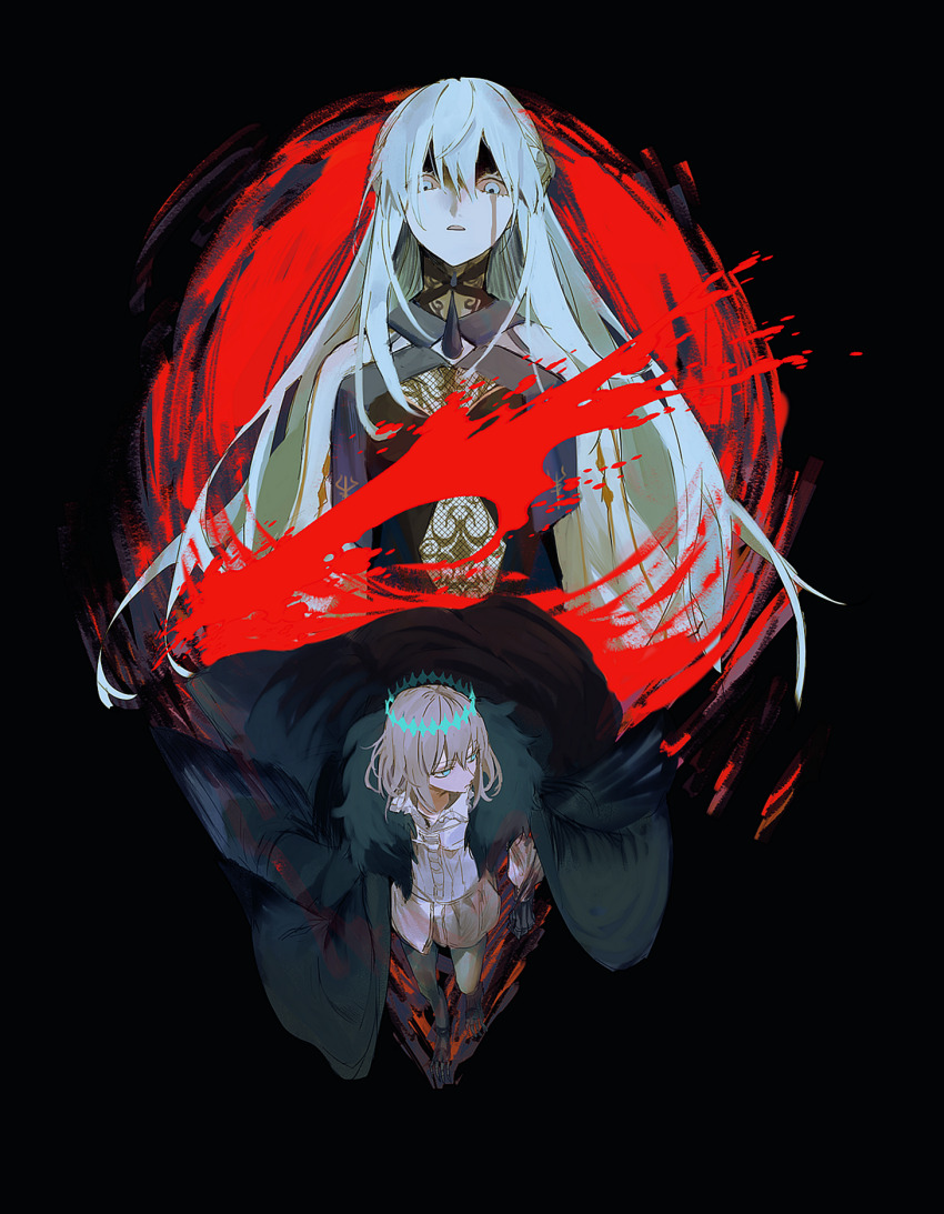 1boy 1girl black_hair blood bloody_tears blue_eyes fate/grand_order fate_(series) hair_between_eyes highres long_hair morgan_le_fay_(fate) morgan_le_fay_(queen_of_winter)_(fate) oberon_(fate) oberon_(third_ascension)_(fate) short_hair spikes ss_un17 very_long_hair white_hair