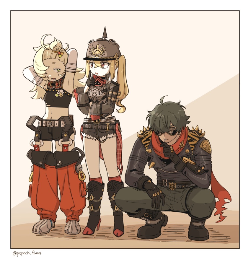 1boy 2girls arms_behind_head arms_up belt black_gloves black_hair black_jacket black_shorts blonde_hair boots border commentary_request detached_pants gloves goggles goggles_around_neck green_eyes hair_ornament hair_over_one_eye helmet high_heel_boots high_heels highres jacket lighter_(zenless_zone_zero) long_hair long_sleeves luciana_de_montefio mask mask_around_neck multiple_girls one_eye_closed open_mouth pants piper_wheel popochi_fuwa red_eyes scarf shorts side_ponytail simple_background spiked_jacket squatting standing sunglasses torn_clothes torn_scarf zenless_zone_zero