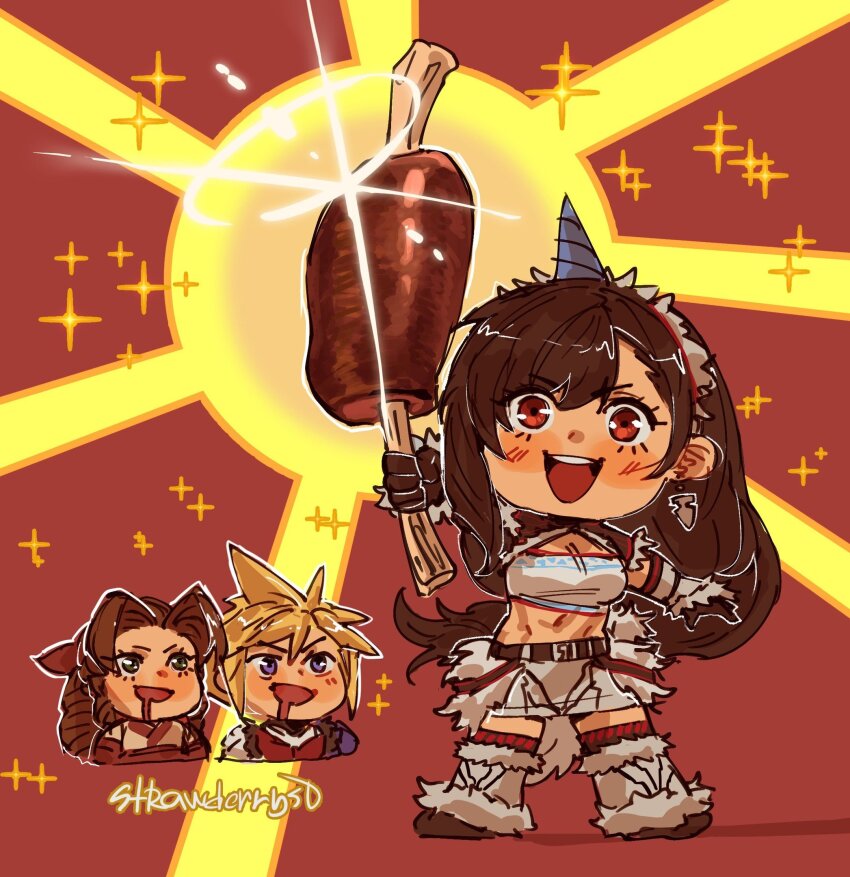 1boy 2girls aerith_gainsborough aerith_gainsborough_(kamura_dress) artist_name black_gloves black_hair blonde_hair blue_eyes blush boned_meat braid braided_ponytail chibi cloud_strife cloud_strife_(glavenus_armor) commentary crop_top deformed drooling earrings english_commentary final_fantasy final_fantasy_vii final_fantasy_vii_ever_crisis food full_body gloves green_eyes hair_ribbon highres holding holding_food horns jewelry kirin_(armor) long_hair meat midriff miniskirt monster_hunter_(series) monster_hunter_rise multiple_girls official_alternate_costume open_mouth parted_bangs pink_ribbon red_eyes ribbon single_earring single_horn skirt smile sparkle spiked_hair strapless strawderryst tifa_lockhart tifa_lockhart_(kirin_suit) tube_top upper_body white_skirt white_tube_top