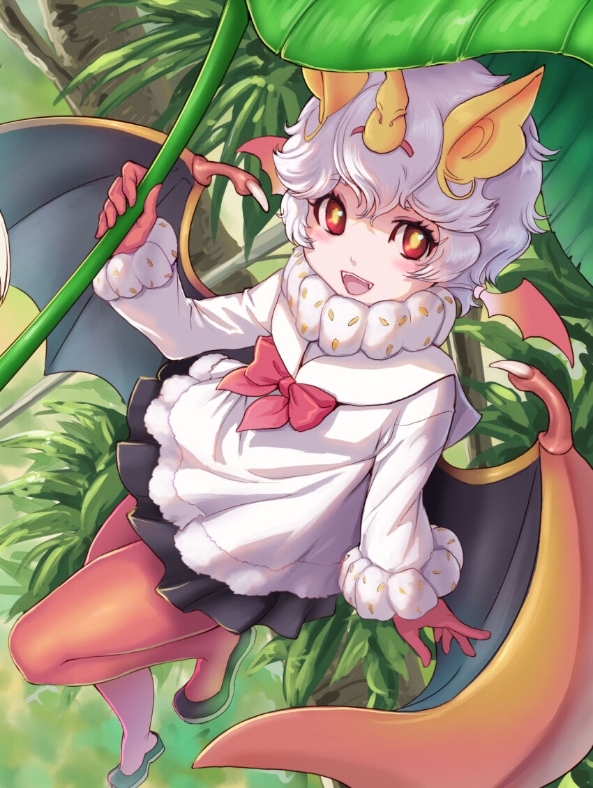 1girl animal_ears arm_at_side bat_ears bat_girl bat_wings blouse bow bowtie day eyelashes fang fangs floating full_body fur_collar giant_leaf gloves hair_ornament hand_up highres holding holding_leaf honduran_white_bat_(kemono_friends) kemono_friends kosai_takayuki leaf leaf_umbrella light_blush long_sleeves looking_at_viewer medium_hair microskirt multiple_wings open_mouth outdoors pantyhose red_bow red_bowtie red_eyes red_gloves red_pantyhose shirt shoes skirt smile solo white_hair wings yellow_pupils