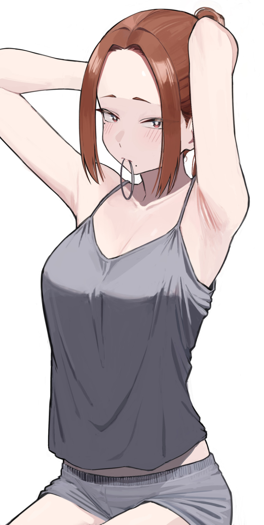 1girl absurdres armpits arms_behind_head arms_up ayatak0517 blush breasts brown_hair camisole cleavage collarbone commentary_request forehead grey_camisole grey_shorts hair_tie_in_mouth highres komi-san_wa_komyushou_desu looking_at_viewer medium_breasts mole mole_under_mouth mouth_hold onemine_nene presenting_armpit short_shorts shorts simple_background solo white_background