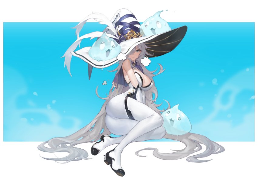 1girl absurdly_long_hair absurdres ass blue_eyes boots breasts capelet cleavage commission dydldidl full_body hair_over_one_eye hair_spread_out hat highres jpeg_artifacts large_breasts long_hair original outside_border priana silver_hair simple_background sitting slime_(creature) solo sweat thigh_boots thighhighs unitard very_long_hair witch_hat yokozuwari
