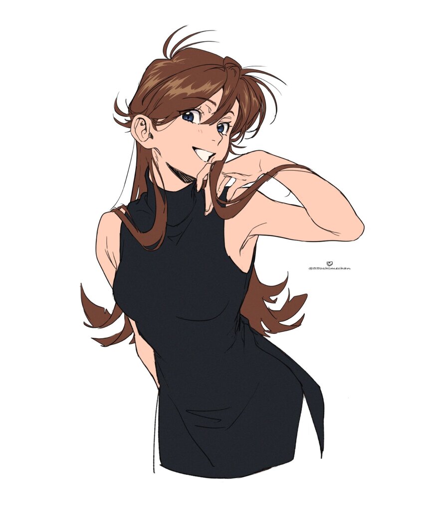 1girl 55oshimechan adjusting_hair bare_shoulders black_dress blue_eyes brown_hair creatures_(company) dress game_freak green_(pokemon) highres long_hair looking_at_viewer nintendo pokemon pokemon_adventures simple_background sleeveless sleeveless_dress smile solo white_background