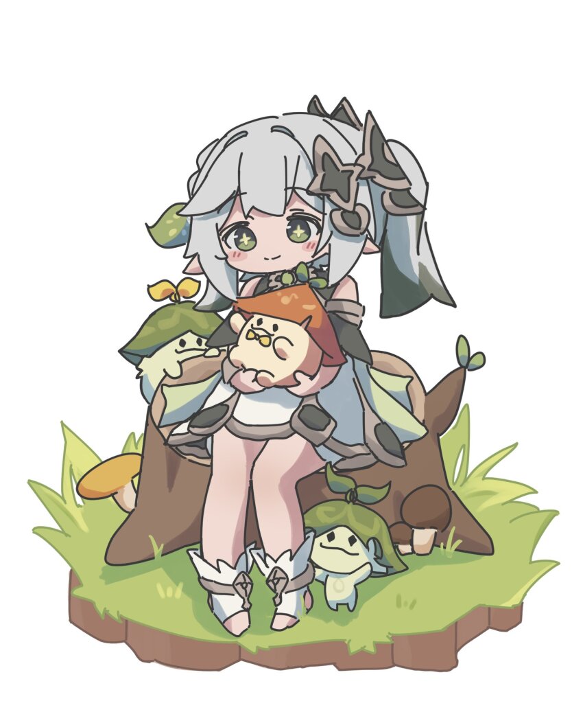 1girl aranara_(genshin_impact) bare_shoulders blush closed_mouth cross-shaped_pupils detached_sleeves dress genshin_impact gold_trim green_eyes green_hair green_sleeves hair_ornament highres holding karuthi leaf_hair_ornament long_hair multicolored_hair nahida_(genshin_impact) pointy_ears simple_background sitting sleeveless sleeveless_dress solo stirrup_legwear symbol-shaped_pupils toeless_legwear tree_stump white_background white_dress white_hair