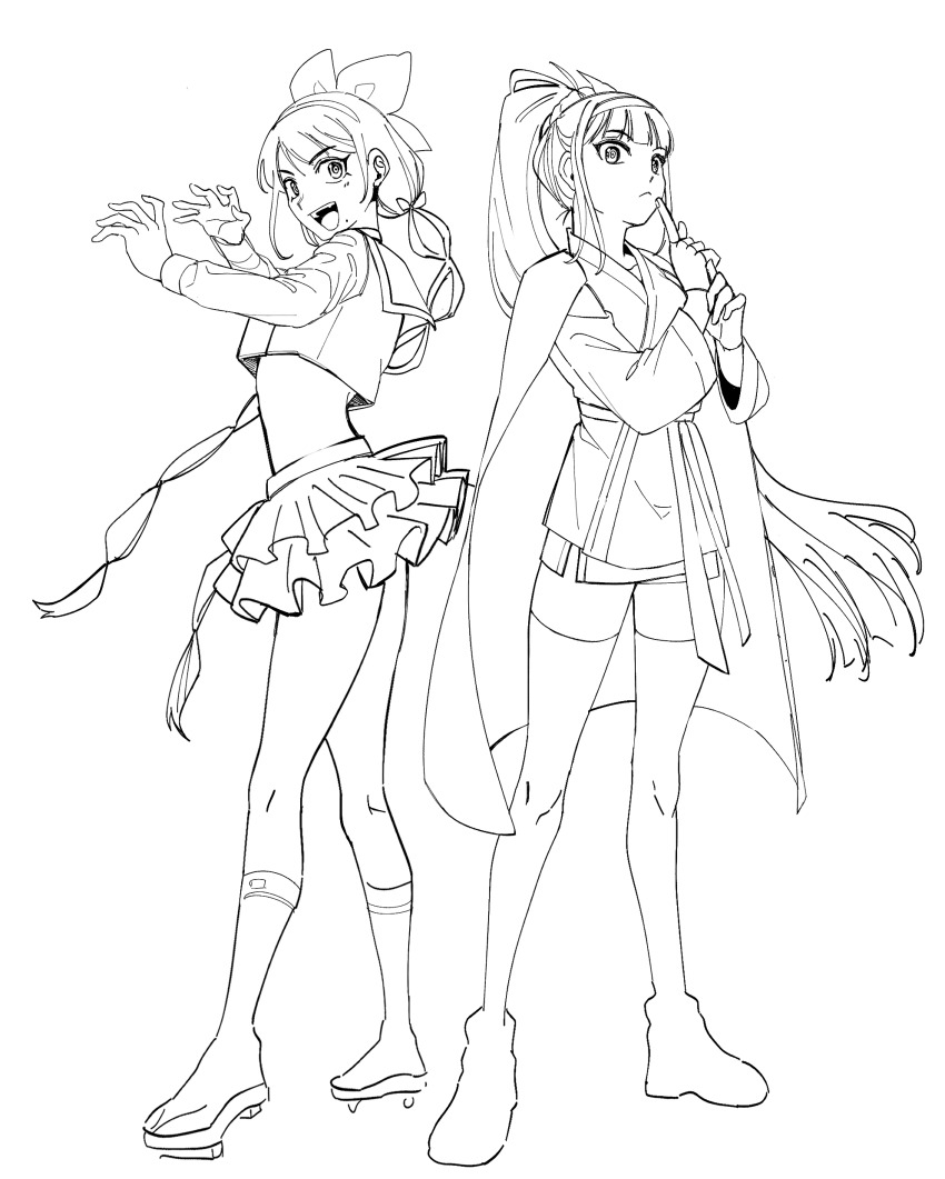 2girls :&lt; absurdres bow cape chabashira_tenko danganronpa_(series) danganronpa_v3:_killing_harmony dari_v3 dougi fingerless_gloves geta gloves greyscale hair_ornament hairband highres kuji-in layered_skirt lineart long_hair long_sleeves magadori_kyoshika martial_arts_belt midriff mole mole_under_mouth monochrome multiple_girls open_mouth ponytail ribbon school_uniform shoes sketch skirt smile sneakers socks the_hundred_line_-last_defense_academy- thighhighs twintails very_long_hair