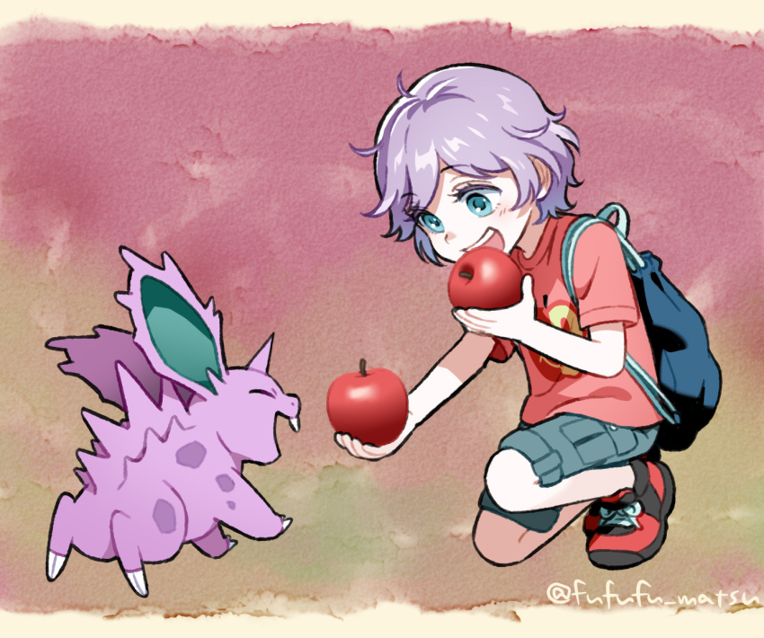 1boy aged_down apple backpack bag blue_hair child coat commentary_request epel_felmier food fruit funuyu game_freak gen_1_pokemon gradient_background holding holding_food holding_fruit male_focus nidorino nintendo on_one_knee pink_background pokemon pokemon_(creature) purple_hair red_coat short_hair shorts solo twisted_wonderland