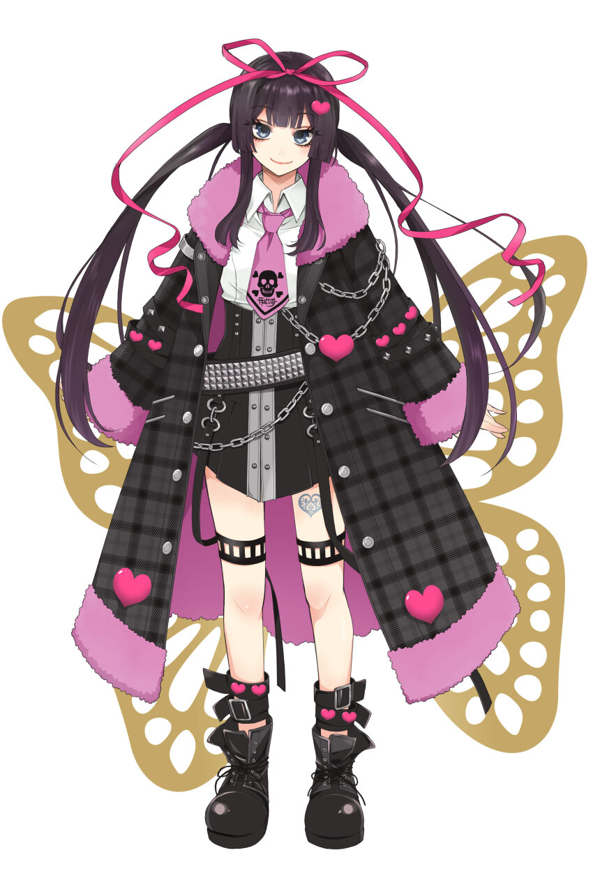 1girl absurdres ankle_boots belt belt_buckle black_belt black_hair black_skirt black_straps blue_eyes blunt_bangs boots brooch buckle buttons chain coat collared_shirt combat_boots full_body fur-trimmed_coat fur_trim gradient_hair hair_ornament hair_ribbon head_tilt heart heart_brooch heart_hair_ornament heart_tattoo high-waist_skirt highres hildegard_(sweet_dreams) jewelry kinoshita_sakura lace-up_boots leather leather_boots leg_belt leg_tattoo long_hair loose_belt makeup mascara miniskirt multicolored_hair necktie pink_lips pink_necktie pink_ribbon plaid_clothes plaid_coat punk purple_hair ribbon sanpaku shirt short_necktie sidelocks skirt skull_and_crossbones skull_print sleeves_past_wrists smile solo strap studded_belt sweet_dreams_(kinoshita_sakura) tattoo thigh_strap twintails two-tone_hair white_shirt