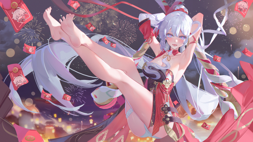 1girl :d absurdres aerial_fireworks armpits arms_behind_head barefoot black_dress blue_eyes blush breasts check_clothing chinese_commentary chromatic_aberration cleavage clothing_request collarbone comet-c commentary_request crossed_legs detached_sleeves dress feet fireworks highres hongbao honkai_(series) honkai_impact_3rd kiana_kaslana kiana_kaslana_(ba-dum!_fiery_wishing_star) large_breasts legs_up long_hair looking_at_viewer night night_sky open_mouth outdoors panties pink_pupils sky smile soles solo thighs toes underwear white_hair white_panties
