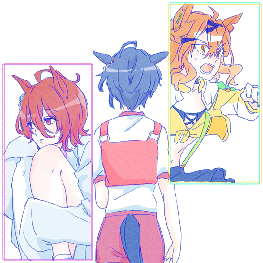3girls absurdres agnes_tachyon_(umamusume) ahoge animal_ears black_hair black_skirt brown_hair clothing_cutout cropped_jacket fuji_kiseki_(umamusume) gym_shirt gym_shorts gym_uniform hair_between_eyes highres horse_ears horse_girl horse_tail hugging_own_legs jacket jungle_pocket_(umamusume) lab_coat multiple_girls navel open_clothes open_jacket open_mouth orange_eyes race_bib red_eyes red_shorts seila_rei shirt shorts skirt suspender_skirt suspenders tail tail_through_clothes umamusume white_background white_shirt yellow_jacket