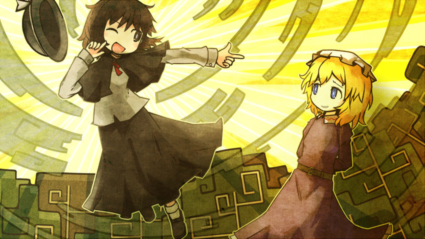 2girls akihiyo arms_behind_back belt blonde_hair blue_eyes bow brown_eyes dress finger_gun hand_on_own_cheek hand_on_own_face hat unworn_hat unworn_headwear highres maribel_hearn multiple_girls one_eye_closed open_mouth outstretched_arm pointing ribbon short_hair sun touhou tree trojan_green_asteroid usami_renko