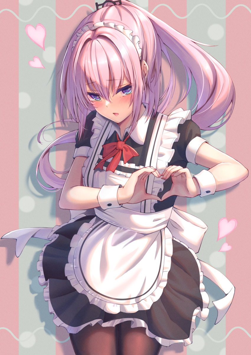 1girl alternate_costume apron black_dress blue_eyes blush bow bowtie breasts brown_pantyhose collar commentary_request cowboy_shot dress embarrassed enmaided eyelashes frilled_apron frilled_dress frills girls&#039;_frontline green_background hair_between_eyes hair_ornament head_tilt heart heart_hands highres long_hair looking_at_viewer maid maid_headdress open_mouth pantyhose pink_background pink_hair ponytail puffy_short_sleeves puffy_sleeves red_bow red_bowtie sash shadow short_dress short_sleeves sidelocks small_breasts solo st_ar-15_(girls&#039;_frontline) striped_background thighs white_collar xlscaler