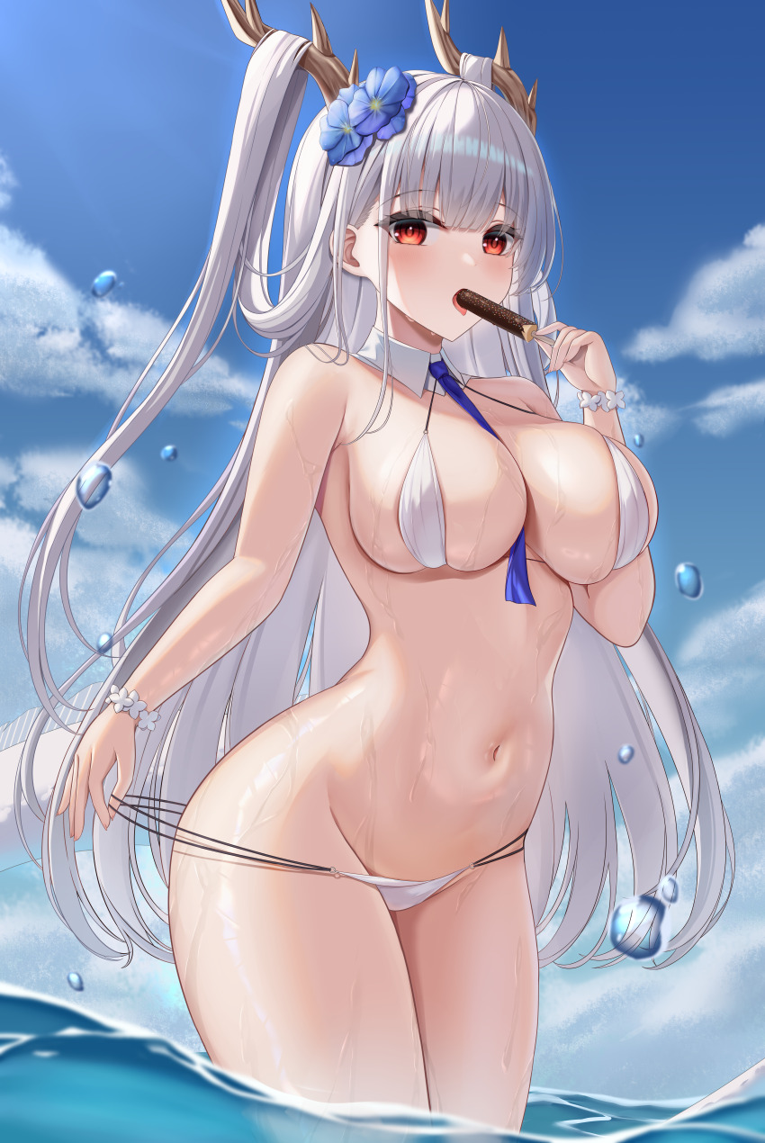 1girl absurdres azur_lane between_breasts bikini bikini_bottom_pull blue_flower blue_necktie blush breasts commentary_request commission day detached_collar dragon_girl dragon_horns dragon_tail eating expressionless flower food from_below hair_flower hair_on_horn hair_ornament hand_up highres hip_focus holding holding_food holding_popsicle horns ke-zu large_breasts long_hair looking_at_viewer looking_down navel necktie necktie_between_breasts o-ring o-ring_bikini open_mouth outdoors pixiv_commission popsicle pulling_own_clothes red_eyes shimanto_(azur_lane) short_necktie skindentation solo splashing stomach string_pull swimsuit tail teasing thighs very_long_hair wading wet white_bikini white_hair