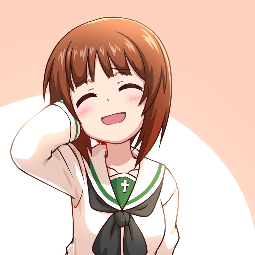 1girl black_neckerchief blouse brown_hair closed_eyes commentary facing_viewer girls_und_panzer goriate hand_in_own_hair highres long_sleeves neckerchief nishizumi_miho ooarai_school_uniform open_mouth sailor_collar school_uniform serafuku shirt short_hair smile solo upper_body white_sailor_collar white_shirt