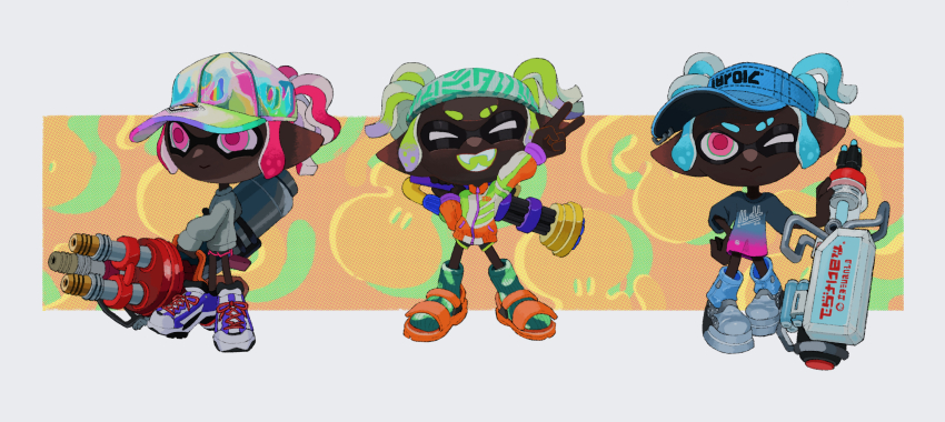 1girl :&gt; :d ;&gt; ^_^ baseball_cap black_shorts blue_hair closed_eyes dark-skinned_female dark_skin dolphin_shorts eyebrow_cut fangs flip-flops green_hair green_socks grey_sweater hand_on_own_hip hat heavy_edit_splatling_(splatoon) highres hydra_splatling_(splatoon) hyper_chikuwabu inkling inkling_girl inkling_player_character iridescent mini_splatling_(splatoon) nintendo open_mouth orange_sandals pierced_hat pink_eyes pink_hair pointy_ears sandals shoes shorts smile sneakers socks splatoon_(series) sweatband sweater teeth tentacle_hair twintails v very_dark_skin visor_cap