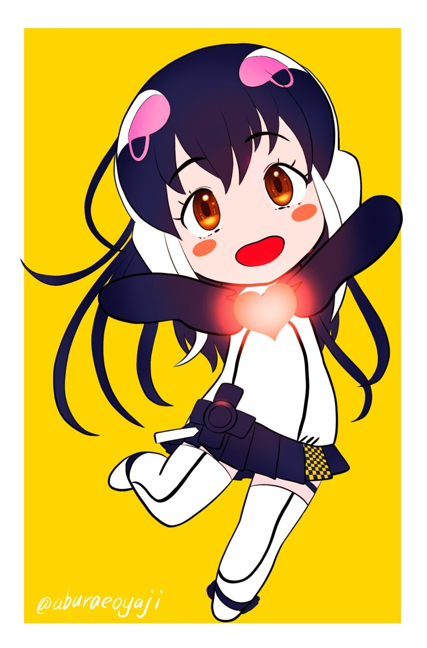 1girl aburaeoyaji african_penguin_(kemono_friends) black_hair full_body heart highres kemono_friends kemono_friends_v_project long_hair looking_at_viewer simple_background solo virtual_youtuber