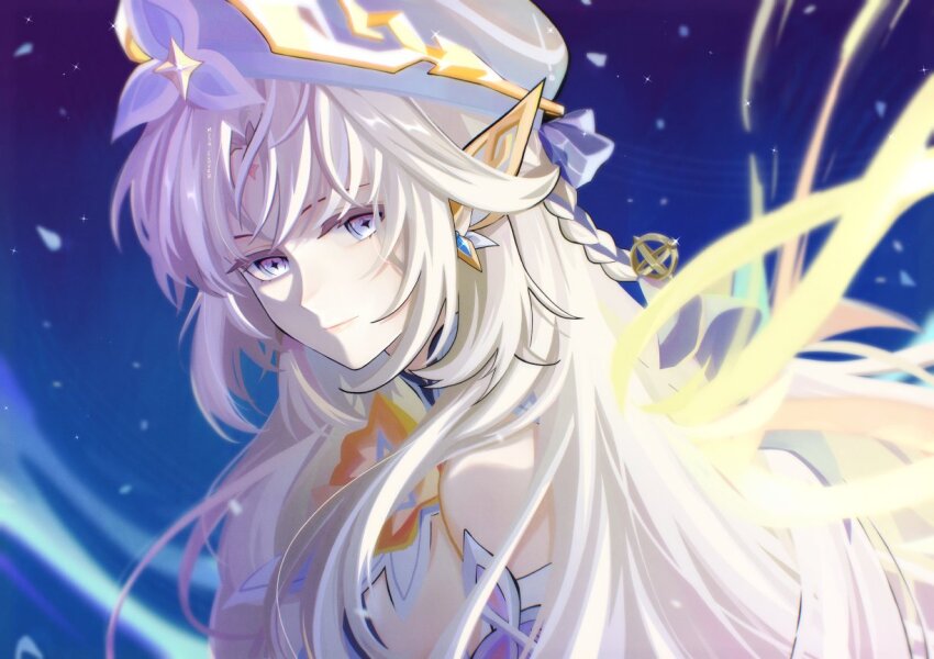1girl bare_shoulders blonde_hair blue_background blue_eyes energy_wings expressionless forehead genshin_impact glowing glowing_wings hat long_hair looking_at_viewer moonieclover nicole_reeyn sidelighting solo star-shaped_pupils star_(symbol) symbol-shaped_pupils upper_body white_hat wings