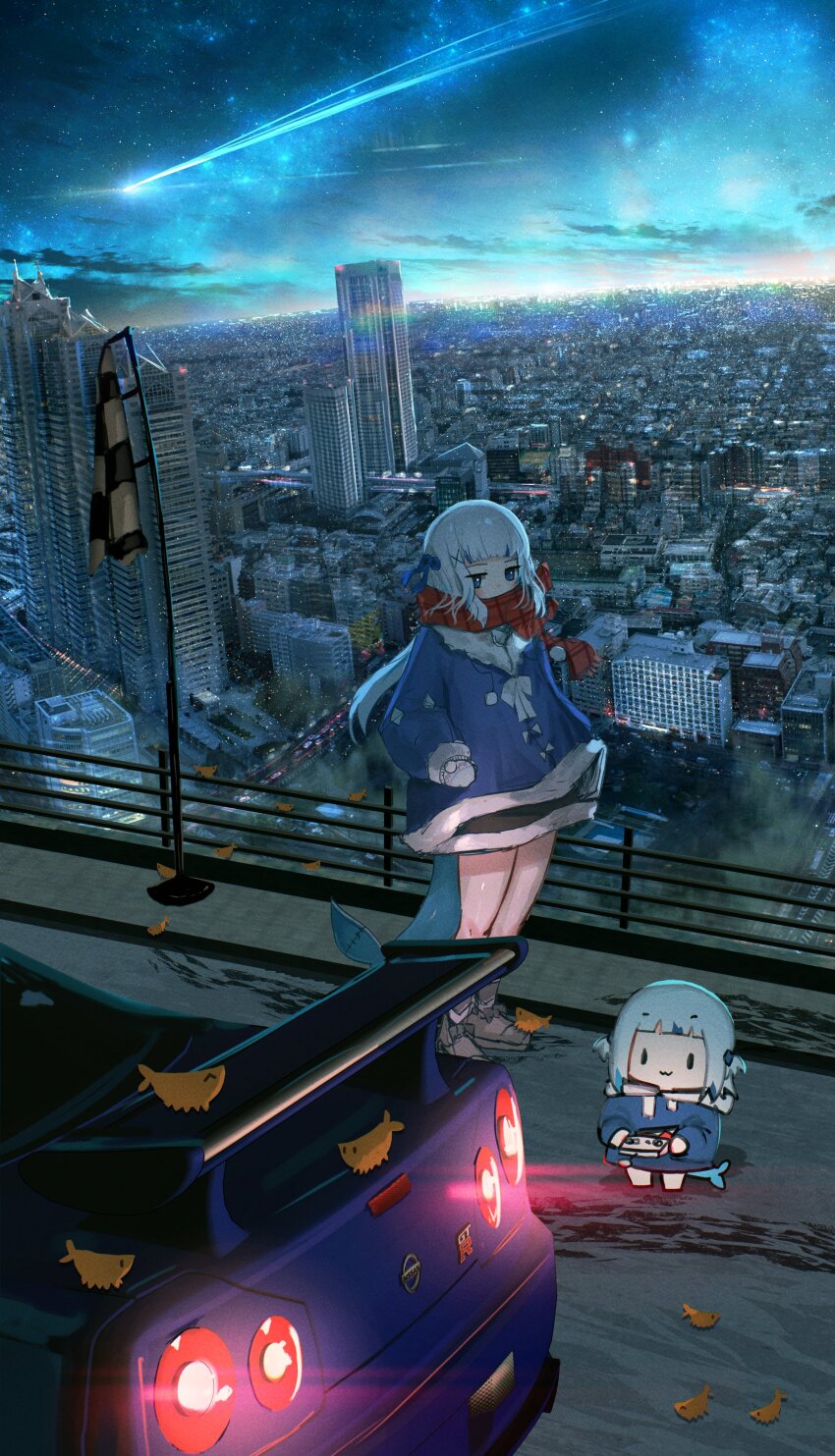 absurdres advarcher car city fins fish_tail gawr_gura highres hololive hololive_english motor_vehicle night nissan shark_tail tail virtual_youtuber