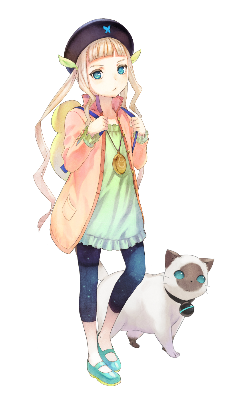 1girl :&lt; absurdres aqua_eyes backpack bag blonde_hair cat child elle_mel_martha female_focus full_body hat highres inomata_mutsumi jacket jewelry long_hair long_sleeves looking_at_viewer mary_janes official_art open_clothes open_jacket pendant shoes simple_background solo standing tales_of_(series) twintails white_background
