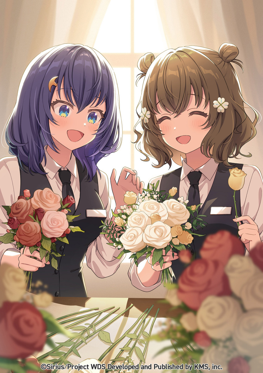 2girls :d black_jacket blue_eyes blurry blurry_background blurry_foreground blush bouquet brown_hair closed_eyes collared_shirt depth_of_field flower hair_flower hair_ornament hairclip highres holding jacket kani_2hiki motion_blur multiple_girls necktie official_art open_mouth orange_flower pink_flower pink_rose red_flower red_rose ribbon rose shiromaru_mito shirt shizuka_(world_dai_star) smile virtual_youtuber white_flower white_rose white_shirt world_dai_star