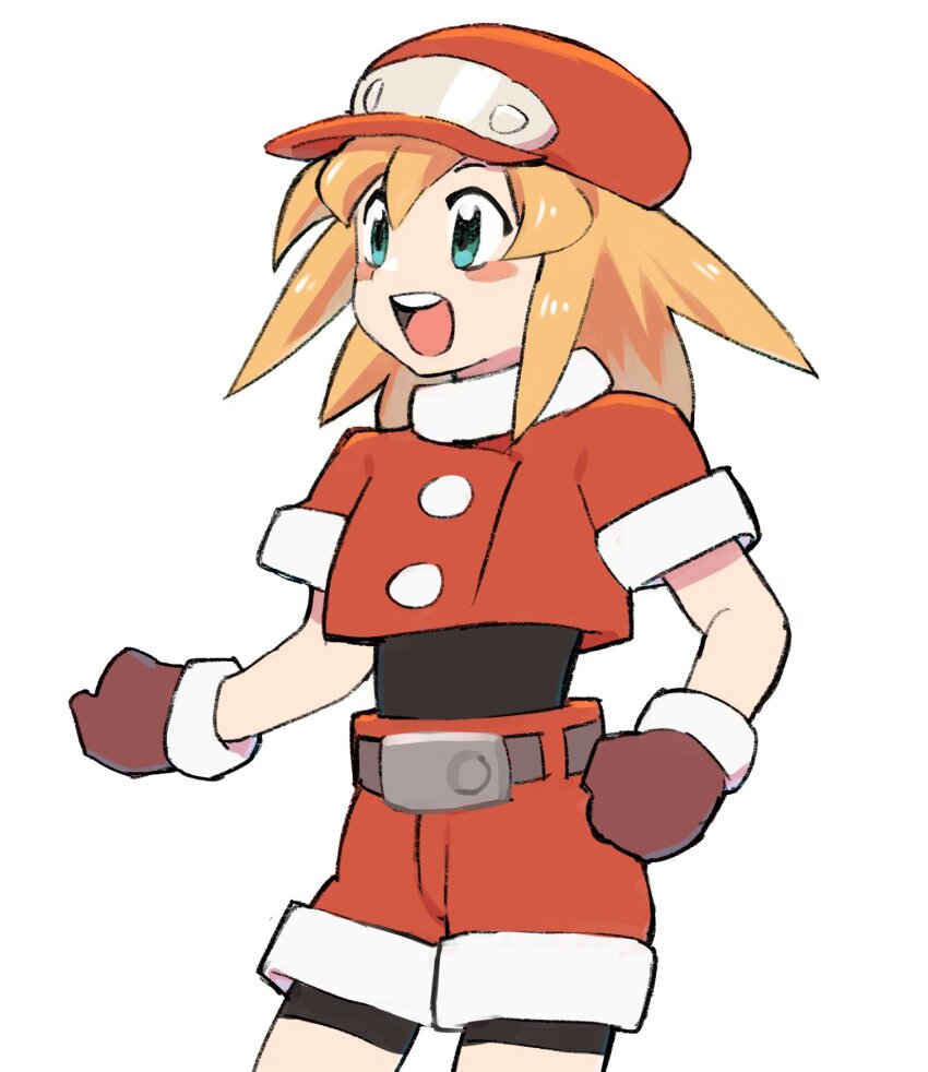 1girl :d belt black_bodysuit blonde_hair blue_eyes blush_stickers bodysuit bodysuit_under_clothes crop_top cropped_shirt gan2 gloves grey_belt hat highres long_hair mega_man_(series) mega_man_legends_(series) open_mouth red_gloves red_hat red_shirt red_shorts roll_caskett_(mega_man) shirt short_sleeves shorts simple_background smile solo teeth upper_teeth_only white_background