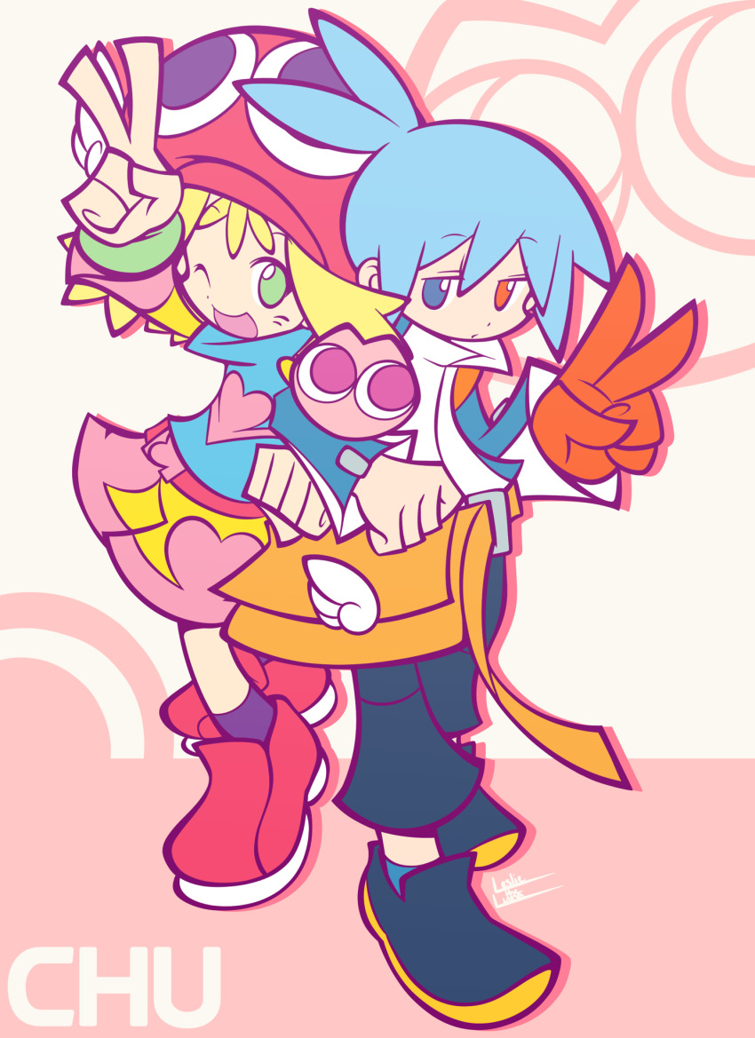 1boy 1girl ;d amitie_(puyopuyo) antenna_hair arm_up armband asymmetrical_arms back-to-back bag black_footwear black_pants blonde_hair blue_eyes blue_hat blue_shirt brown_bag character_hat closed_mouth deformed drop_shadow flat_color green_eyes hat heart heart_print heterochromia highres jitome leslietheluna locked_arms looking_to_the_side messenger_bag no_pupils official_style one_eye_closed open_mouth pants pink_background pink_shorts pink_sleeves puyo_(puyopuyo) puyopuyo puyopuyo_fever_2 red_eyes red_footwear red_hat shirt shoes short_hair shorts shoulder_bag sig_(puyopuyo) smile two-tone_shorts two-tone_sleeves v yellow_shorts yellow_sleeves