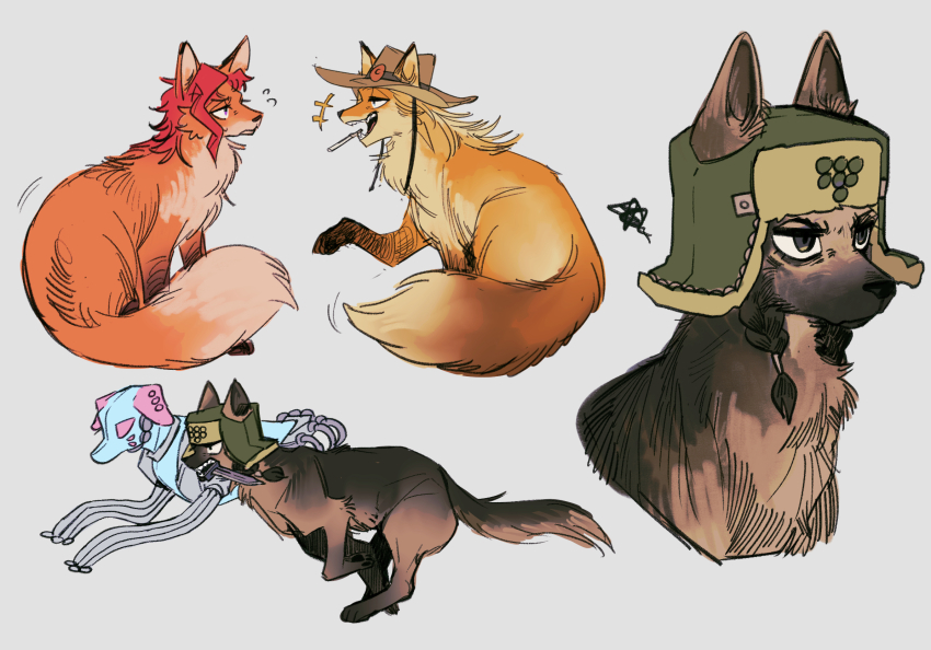 3boys animal_focus animalization black_hair blonde_hair bomber_hat braid cowboy_hat dog doggy_style_(stand) electronic_cigarette fox german_shepherd hat highres hol_horse jojo_no_kimyou_na_bouken jojolion kakyoin_noriaki knife laughing mamezuku_rai multiple_boys no_humans red_hair stardust_crusaders swampland twin_braids