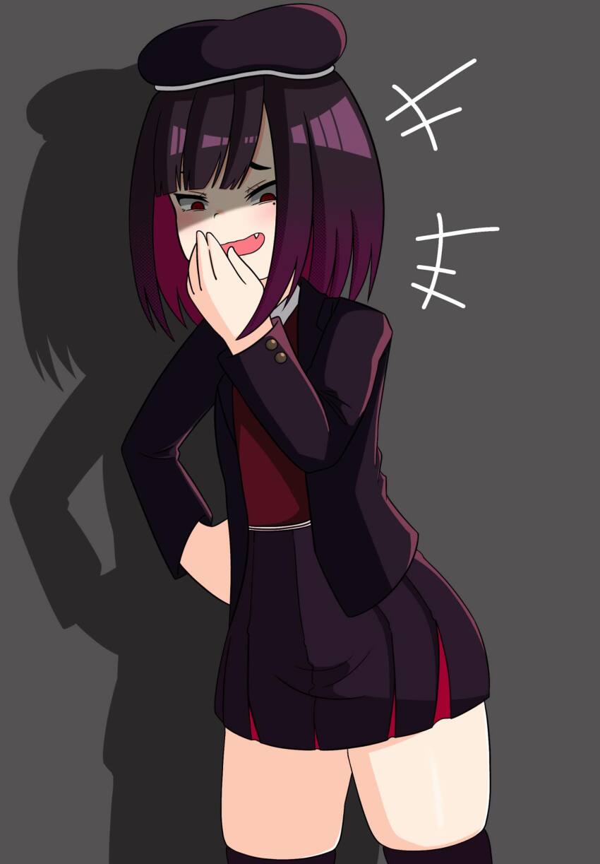 1girl banmin banmin_chan beret black_hair breasts eizoku_shizu eyeshadow eyeshadow_under_eye hat highres hime_cut laughing lipstick makeup mesugaki mole original permabanned red_eyes short_hair small_breasts thick_thighs thighs virtual_youtuber