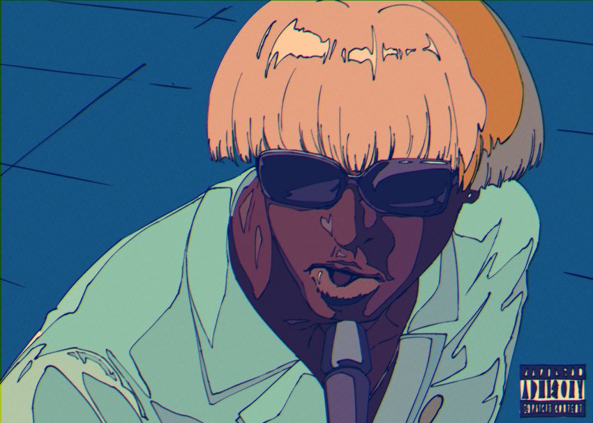 1boy absurdres aqua_jacket bishoujo_senshi_sailor_moon bishoujo_senshi_sailor_moon_s blonde_hair bowl_cut chromatic_aberration cogecha dark-skinned_male dark_skin flat_color highres jacket ligne_claire male_focus meme real_life sailor_moon_redraw_challenge_(meme) shadow short_hair solo suit_jacket sunglasses tyler_the_creator