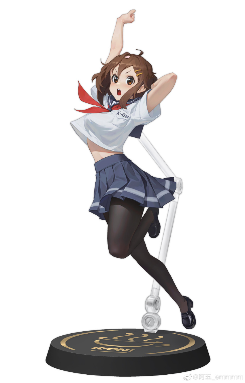 :o a_wu absurdres ahoge arm_behind_head arm_up black_pantyhose black_shoes blue_skirt brown_eyes brown_hair copyright_name figure_stand full_body hair_between_eyes highres hirasawa_yui jumping k-on! leg_up looking_at_viewer navel neckerchief open_mouth outstretched_arm pantyhose red_neckerchief sailor_collar school_uniform serafuku shirt shoes short_hair short_sleeves simple_background skirt v-shaped_eyebrows watermark weibo_watermark white_background white_shirt wind wind_lift