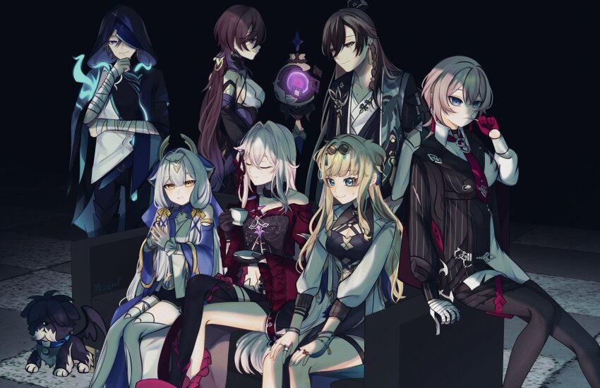 1other 2boys 5girls absurdres ajita_(honkai_impact) animal baiji_(honkai_impact) blonde_hair braid brown_hair cup dog duonigue_(honkai_impact) eyewear_on_head highres holding holding_cup honkai_(series) honkai_impact_3rd lantern_(honkai_impact) litost_(honkai_impact) long_hair misapit multiple_boys multiple_girls perception_(honkai_impact) serapeum_(honkai_impact) short_hair songque songque_(astralop) thelema_nutriscu thelema_nutriscu_(mad_pleasure:_shadowbringer) white_hair