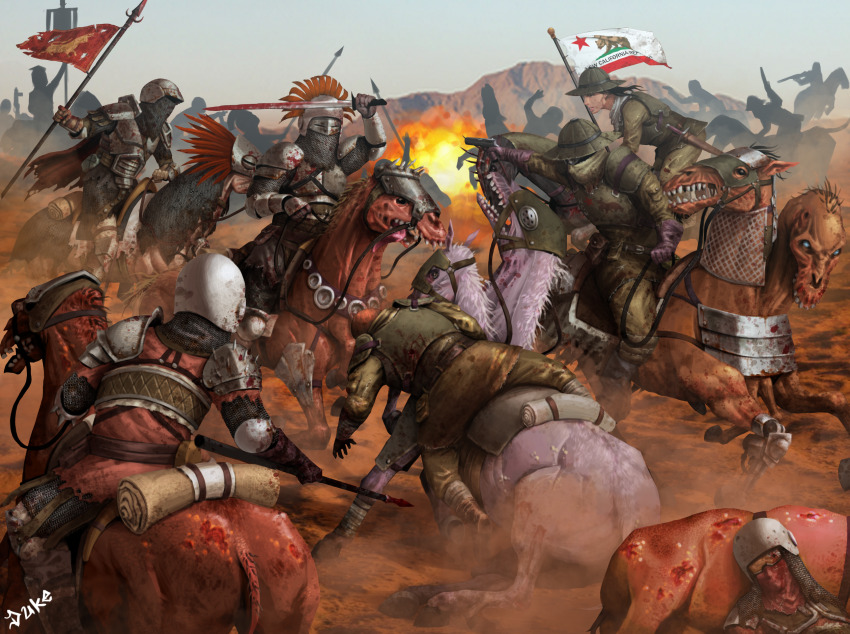 armor banner bedroll black_hair bulletproof_vest caesar&#039;s_legion cape cavalry chainmail dukehorner dust fallout fallout:_new_vegas flag goggles gun helmet highres holding holding_polearm holding_weapon horse lance multiple_heads new_california_republic non-web_source plume polearm prosthesis prosthetic_leg rifle saddle spear spiked_pauldrons weapon