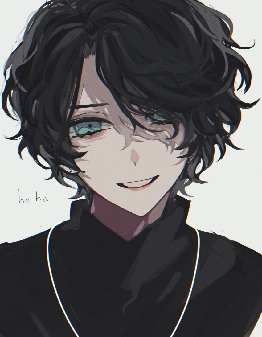 1boy absurdres adk-em aqua_eyes bandai bandai_namco bishounen black_hair black_shirt blouse goth_fashion highres ishimori_prod jewelry kagerou_(kamen_rider_revice) kamen_rider kamen_rider_revice laughing limited_palette looking_at_viewer male_focus necklace shade shaded_face shirt toei_company tokusatsu tv_asahi upper_body vistamp white_background yureireissu