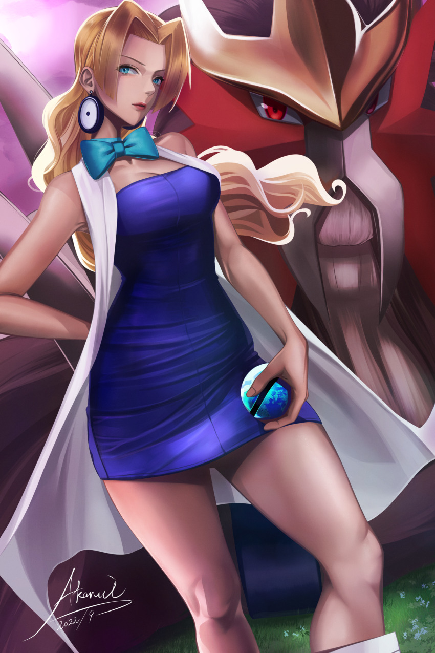 1boy 1girl absurdres akanui bare_legs blue_eyes breasts brown_hair cleavage dated dress entei gen_2_pokemon grass hand_on_own_hip highres holding holding_poke_ball lab_coat large_breasts legendary_pokemon legs lips molly_hale nintendo poke_ball pokemon pokemon_(anime) pokemon_(classic_anime) pokemon_(creature) pokemon_3:_the_movie_-_spell_of_the_unown:_entei size_difference smile standing thighs