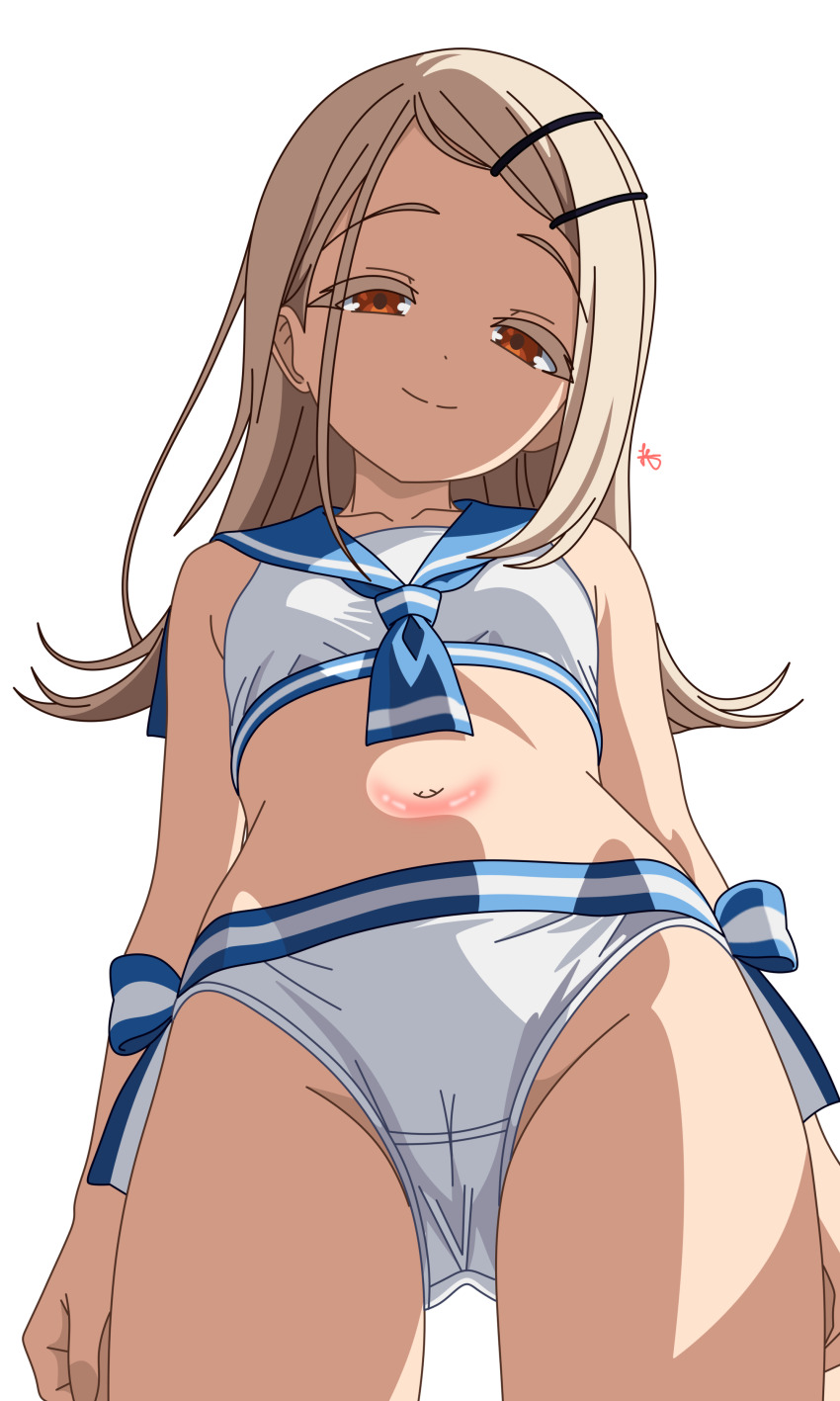 1girl absurdres bikini cameltoe female_focus from_below gakuen_idolmaster hair_ornament hairclip half-closed_eyes highres idolmaster legs loli long_hair looking_at_viewer looking_down navel orange_eyes sailor_swimsuit_(idolmaster) shinosawa_hiro side-tie_bikini_bottom smile solo standing stomach swimsuit thighs white_background