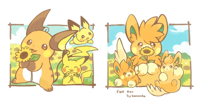 animal animal_focus brown_eyes evolutionary_line flower gen_1_pokemon gen_2_pokemon highres konanbo nintendo open_mouth orange_hair pawmi pawmo pawmot pichu pikachu pokemon pokemon_(creature) raichu raityu smile sunflower