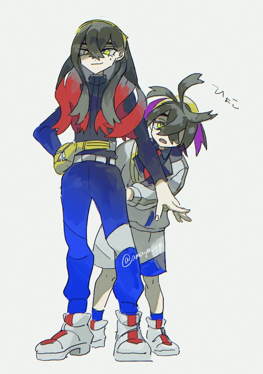 1boy 1girl amaya_uw bag black_hair blue_jacket blue_pants blue_socks brother_and_sister carmine_(pokemon) closed_mouth crossed_bangs full_body grey_background hair_between_eyes hair_over_one_eye hairband highres jacket kieran_(pokemon) long_hair long_sleeves multicolored_hair nintendo open_mouth pants pokemon pokemon_sv purple_hair red_hair shorts siblings simple_background socks white_footwear white_jacket white_shorts yellow_bag yellow_eyes yellow_hairband
