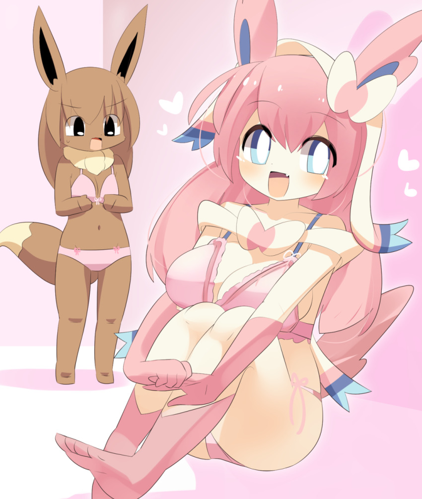 2girls :d animal_ears barefoot blue_eyes blush bow bowtie bra breast_envy breasts cleavage commentary_request dark_skin eevee fang full_body furrification furry gen_1_pokemon gen_6_pokemon gloves highres large_breasts lets0020 long_hair looking_at_viewer multiple_girls nintendo no_shoes open_mouth panties personification pink_bra pink_gloves pink_hair pink_panties pink_socks pokemon sitting skin_fang small_breasts smile socks standing sylveon tail underwear very_long_hair white_bow white_bowtie